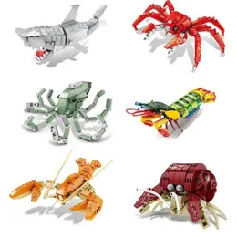Inne zabawki Morski blok zwierząt DIY Hammerhead Shark Król Hermit Crab Octopus Lobster Krewetki Budynek dziecięcy cegła zabawka S245163 S245163