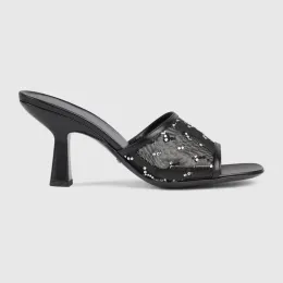 Designer Donne's Slide Sandal Sandalo da 7,5 cm Maglie di cristallo Muli Slifori MILE MOULE MILE Designer Summer Sandals Disegni della casa Piep di Toe Shoes Sexy Luxury Shoe High Tacco