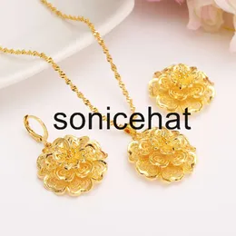 Pendant Necklaces in full bloom 24k Solid Fine Yellow Gold Filled Multichamber Flower set Jewelry Pendant Chain Earrings African Bride Wedding Bijoux Gift
