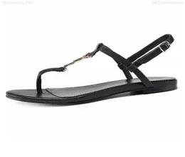 Designer högkvalitativa sandaler tofflor glider flipflops gyllene bokstäver slät läder sandal kvinnor skor svart med låda spänne US2811838