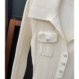 2024 Bolsos duplos de marfim de outono Vestido de malha com manga longa de manga longa Botões de pescoço