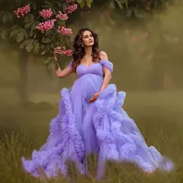 Fluffy Pink Tulle Maternity Robes for Photo Shoot Off Shoulder Tiered Ruffles Pregnant Women Dress Sexy Babyshower Gown