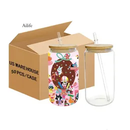 USA CA Warehouse Hot Sale 16Oz Sublimation Beer Soda Jar Shaped Frosted Clear Glass With Bamboo Lid And Straw 4.23 0516