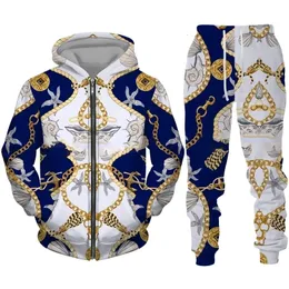 Fashion Luxury Chain Series 3D Impressão zíper do capuz de capuz de duas peças Conjunto de roupas de roupas de rua Hip Hop