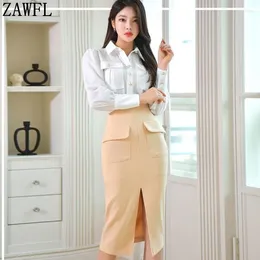 Vestidos de trabalho Zawfl de alta qualidade estilo coreano 2024 Spring Loose Camisa sólida bainha Bodycon Lápis Salia 2 peças Suits de negócios Conjunto