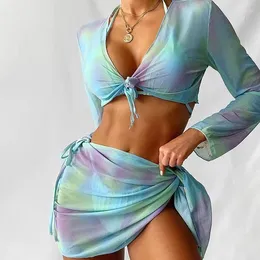작업 드레스 DPSDE 2024 TIE 염색 된 그라디언트 슬리브 소매 패션 이국적인 비키니 여성 수영복 섹시한 4 개 세트