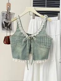 Frauenwesten koreanischer Stil Gurt Denim Tank Tops Frauen Spitze Patchwork Lapel Single ärmellose dünne schicke Cowboyweste