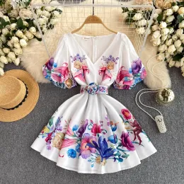 Основные повседневные DRES Summer Bohemian Fr Short Dr Women v-образным рукавом с пытком цветочного принта с высокой талией.