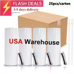 USA Warehouse 20oz Blanks Sublimation Tumbler Stainess Steel Coffee Tea Mugs Insulted Water Cup With Plastic Straw And Lid 0516