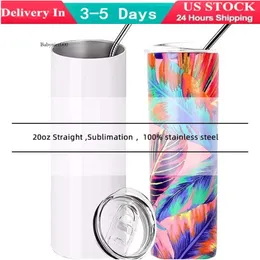 US Stock 20oz Sublimation Tumblers gerade leer weiße Edelstahlbecher mit Deckel Stroh 20 oz Doppelvakuum isoliertes Wasserflaschen Outdoor Sportbecher 0424 0516