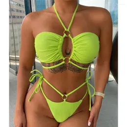 Frauen Badebekleidung Mode Green String Bikini Tanga Halfer Schnittringe Badeanzüge Zweiteiler Frauen Strandanzug Bikinis Sets Outfit