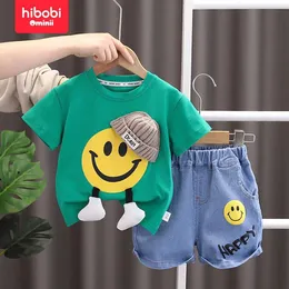 Kläder set hibobi 2-stycke sommar pojkar rund hals kort ärm set baby mode hoodie leende ansikte barn kläd jeans wx
