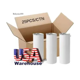 US CA Stock 25Pc/Carton 20Oz Sublimation Bottle Blank Stainless Steel Tumbler DIY Straight Cups Vacuum Insulated 600Ml Car Coffee Mugs Ready To Ship 0516