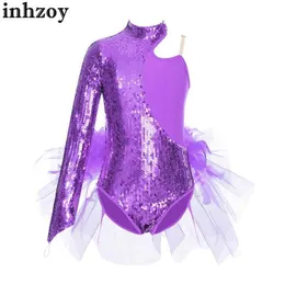 Dancewear Kids Girls Sparkly Sequins Ballet Dance Gymnastics Leotard Figure Skating Acrobatics Performance Costume Feather Tulle BodysuitL2405