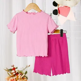 의류 세트 2pcs Child Girl Summer Set Solid T-Shirt Shorts 간단한 패션웨어 마모 어린이를위한 잠옷 giirls giirls 4-7 년