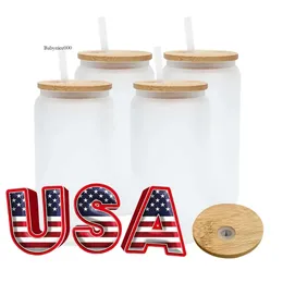 USA CA Склад 16 унций прозрачный матовой сублимационный стекло с крышкой и соломенной коксовой чашкой 0516