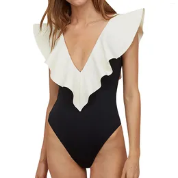 Frauen Deep V Neck Sexy Monokini Mode gekräuseltes Doppelschicht Solid Color Badebode Shapewear Rückenfreie Badeanzüge
