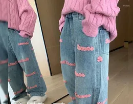 Spodnie dziewczęta różowe dżinsy 2024 Dziecięce sprężyste i jesienne spodnie damskie styl modowy