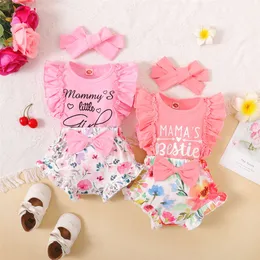 0-18Months Newborn Baby Clothes Mommy's Girl Print Sleeveless Romper Top+Flowers Shorts+Headband Summer Lovely 3PCS Outfit L2405