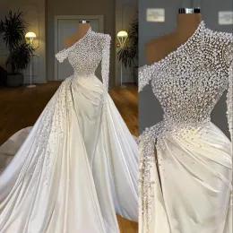 Dresses 2023 Sexy Luxury Dubai Pearls Mermaid Wedding Dresses Illusion Pearls Beadings One Shoulder Satin Long Sleeve Overskirts Plus Size