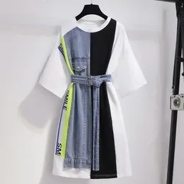 Vestido de retalhos de verão Mulheres mulheres coreanas Ulzzang causal faixas de streetwear Plus size falsa duas peças m4xl 240516