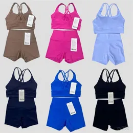 lu Two Pieces Women Yoga Set Backcross Sport Bra Fitness Tank Top High Waisted Workout Tights Biker Gym Shorts Tracksuits Activewear