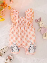 Rompers Cute girl orange plaid and rabbit print Onesie sweet comfortable breathable and cool summer baby shorts d240516