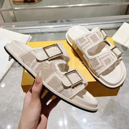 Designerskie pantofle damskie opaski z tkaniny sandałowej slajdy ff muły metalowe sandały sandały brązowe beżowe białe kapcie drukowane letnie płaskie buty plażowe