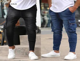 Samlona 2021 New Western Style Mens multipocket jeans Slim Casual Classual Fashion Denim Troushers Black Blue Cargo Pants Men7632240