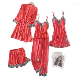 Women's Sleepwear Orange Red 5 Pieces Women Pajamas Sets Lace Satin Summer Silk Bathrobe Nightwear Pyjama Sleep Robes Lounge Set