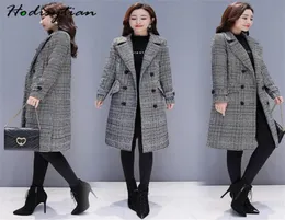 Hodisytian Winter Women Wool Blends Plaid Trench Coat Elegant Ytterkläder Casual Loose Tjock Cardigan Female Cashmere Overrock 3XL 26677264
