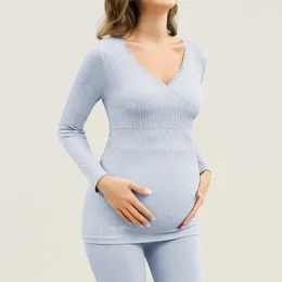 Schlaflounge Herbst Winter Krankenpflege Pyjamas für schwangere Frauenfrühstücke Top+Verstellbare Hosen D240516