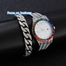 Luxury Golden Bling Hip Hop Diamond Wrist Watch With Armband Gift Set Fashion Watch for Men