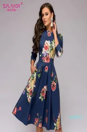 Sflavery vintage kobiety kwiatowe nadrukowane granatowe sukienka elegancka ONECK 34 Rękaw Slim Party Vestidos Spring Summer Casua7585096