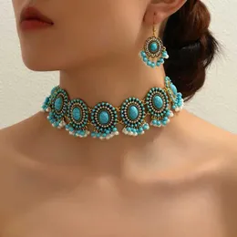 Hochzeitsschmuck Sets Retro -Schmuck Set Ethnic Turquoise Eingelegtes Wettbewerb Daily Clothing Party Accessoires Damen Halsketten Ohrringe