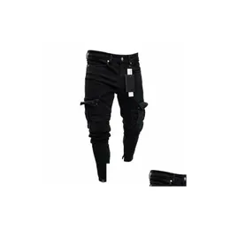 Pantaloni da uomo tratto di moda tratto distrutto distrutto cargo pieghevole mti tacca mti skinny fit da combattimento nero denim drop drop dhtwq