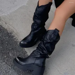 Botas plataforma gótica Mid Calf Punk Street Metal Decor Woman Motorcycle 2024 Winter Cool Fashion Combat Women Shoes