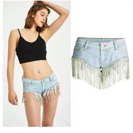 Kvinnors shorts super jeans elektro bar bunge disco nattklubb frans höftlyft sexig bred ben denim smala byxor