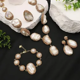 GLSEEVO Natural Baroque Shaped Pearl Women Jewelry Necklace Bracelet Earring Ring Set Rhinestone Inlaid Luxury Dress 240511