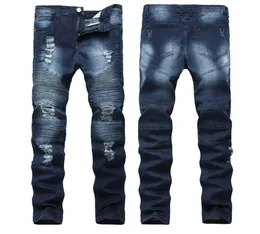 High Street Trend Hole dżinsy europejskie i amerykańskie Men039S Lokomotywy zmarszczki Slim Pants Biker Dżinsy Nostalgia1374057