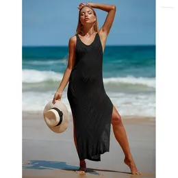 Sexig rygglös V-ringad solid färgbikini täcker andningsbar stickning lång klänning strand solskyddsmedel semester semesterkläder