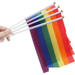 Banner Flags Rainbow Gay Pride Stick Flag 5X8 Inch Hand Mini Waving Handhold Using With Gold Top Drop Delivery Home Garden Festive Par Dh4Rq