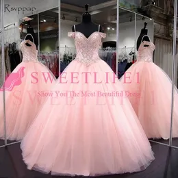 Long Quinceanera Dresses 2019 푹신한 볼 가운 연인 캡 슬리브 달콤한 16 라이트 핑크 비즈 Quinceanera 드레스 273y