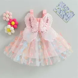 Mädchenkleider Sommermädchen Neues Kleid süße Schlinge Taille mit farbenfrohen Schmetterlingsnetz zurückgepackt Big Wings Princess Kleid WX