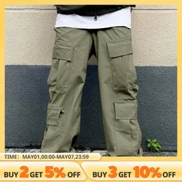 Solid multi flap pocket mens straight leg cargo pants loose casual outdoor pants mens work pants bags and trendy street clothes 240506