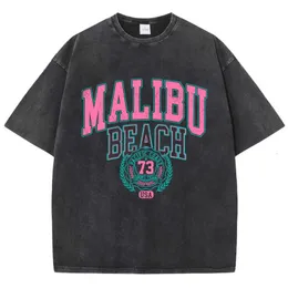 Street Women Cotton Waschen T -Shirt Malibu Beach Einfacher Buchstaben Druckdruck T -Shirt Fashion Lose Tops lässige weibliche Kleidung 240506