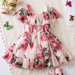 2024 New Suspender for Girls Print Dress Crianças elegantes Casual Casual Casual Chiffon Kids Flower Tutu Princess Dresses L2405