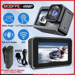 Sports Action Video Cameras Camera F6W Wireless Microphone 5K 4K60FPS 48MP 22inch Touch LCD EIS Dual Screen WiFi 170D Waterproof 30M 8X Zoom Go Pro Camer J2405