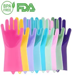 Återanvändbara silikon diskmedel handskar gummi skrubbshandskar rätter tvättar handskar med svampskrubber för tvätt kök9890792
