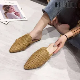 Women NIUFUNI Style Slippers Rattan Knit Casual Sandals Indoor Floor Shoes Home Mules Pointed Toe Flat Woman 210609 d0c6